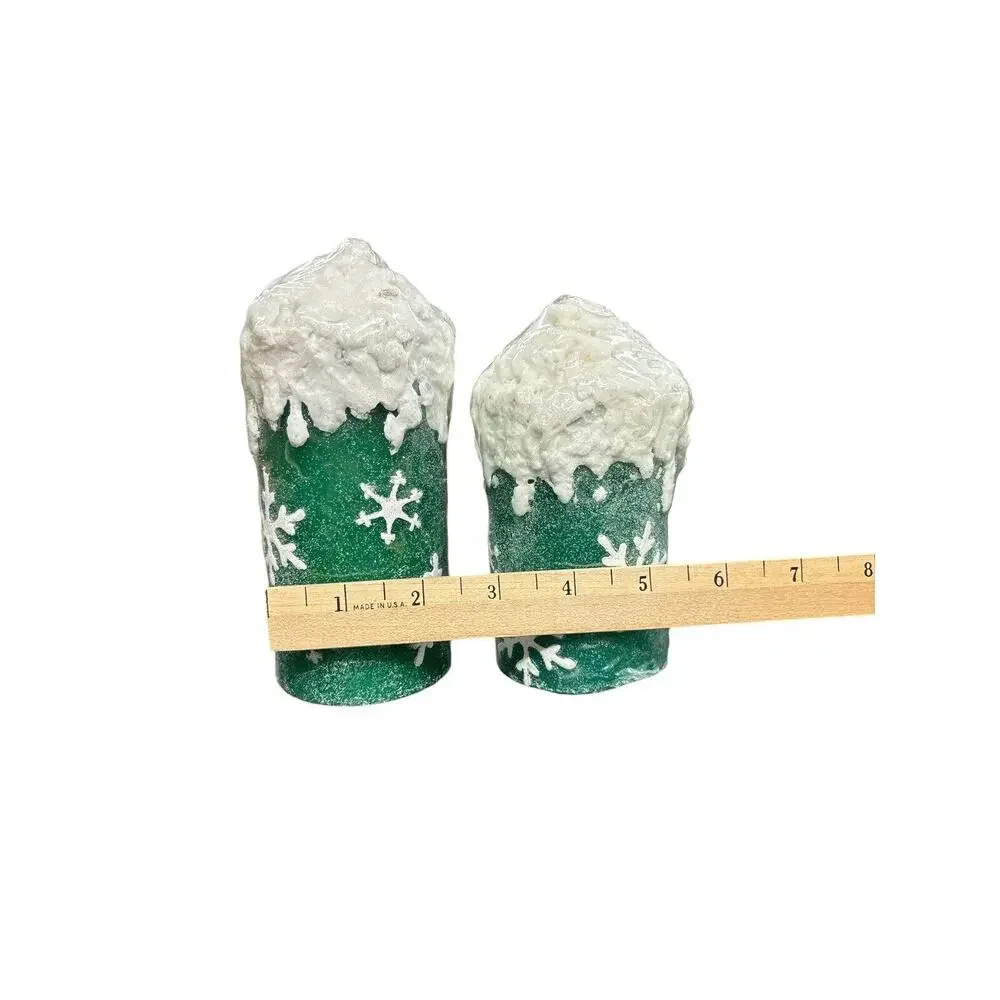 Vintage Christmas Pillar Snowflake Candles •‎ Green Foil, Glitter & Snow Topped